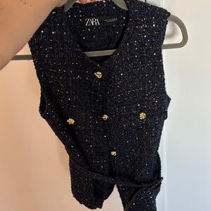 Zara Navy Tweed Vest with Gold-Tone Buttons and Waist Tie